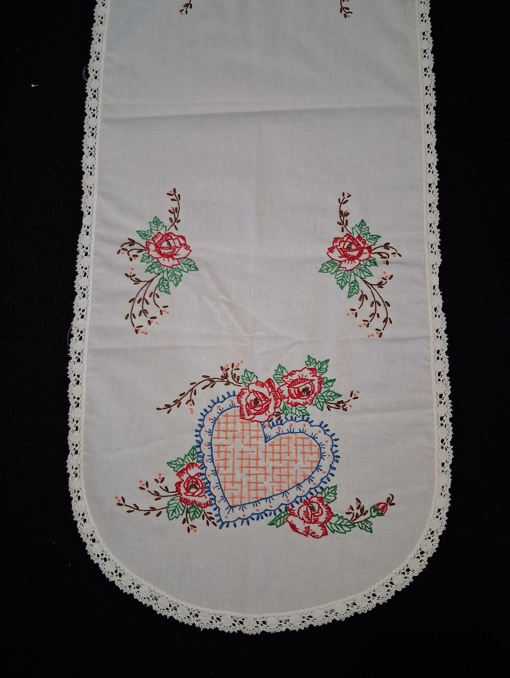 Embroidered Heart & Rose Table Runner - White with Pink, Green - Picture 2 of 4